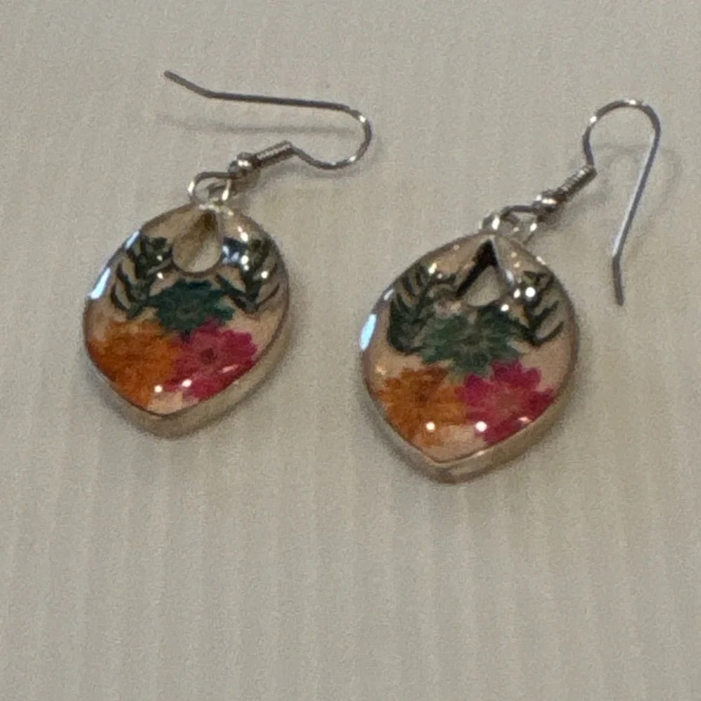 Handcrafted Multicolor Teardrop Dangle Earrings Silver Hook Resin Nature Theme
